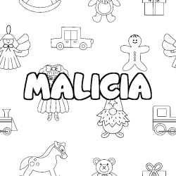 Coloring page first name MALICIA - Toys background