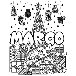 Coloring page first name MARGO - Christmas tree and presents background