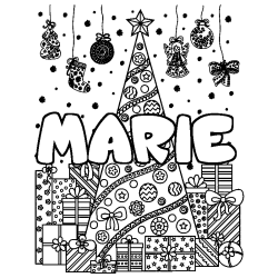 Coloring page first name MARIE - Christmas tree and presents background