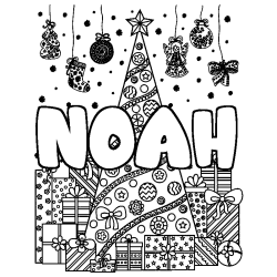 Coloring page first name NOAH - Christmas tree and presents background