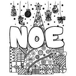 Coloring page first name NOE - Christmas tree and presents background