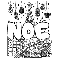 Coloring page first name NOÉ - Christmas tree and presents background