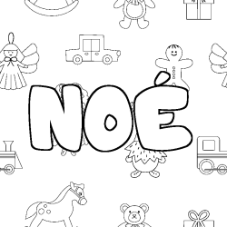 Coloring page first name NOÉ - Toys background