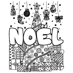 Coloring page first name NOËL - Christmas tree and presents background