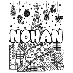 Coloring page first name NOHAN - Christmas tree and presents background