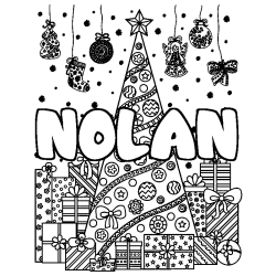 Coloring page first name NOLAN - Christmas tree and presents background