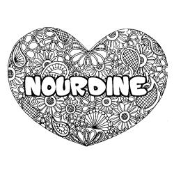 Coloring page first name NOURDINE - Heart mandala background