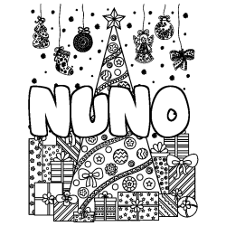 Coloring page first name NUNO - Christmas tree and presents background