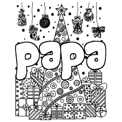 Coloring page first name papa - Christmas tree and presents background