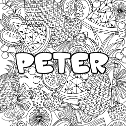 Coloring page first name PETER - Fruits mandala background