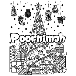 Coloring page first name Poornimah - Christmas tree and presents background