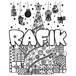 Coloring page first name RAFIK - Christmas tree and presents background