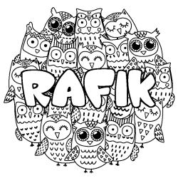 Coloring page first name RAFIK - Owls background