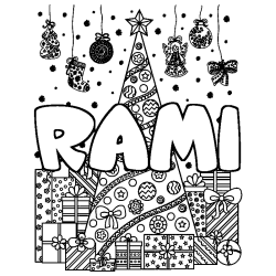 Coloring page first name RAMI - Christmas tree and presents background