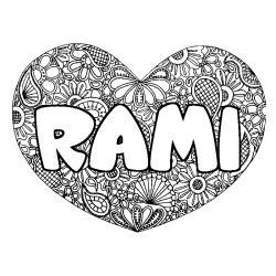 Coloring page first name RAMI - Heart mandala background