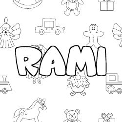 Coloring page first name RAMI - Toys background