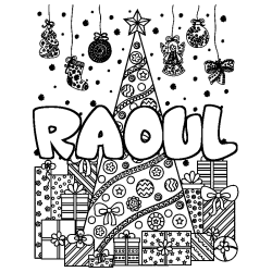 Coloring page first name RAOUL - Christmas tree and presents background