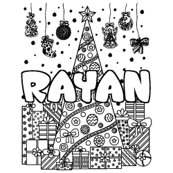 Coloring page first name RAYAN - Christmas tree and presents background