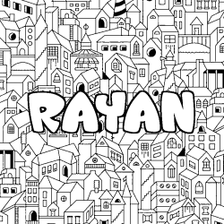 Coloring page first name RAYAN - City background