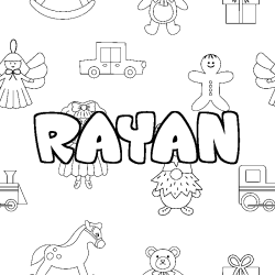 Coloring page first name RAYAN - Toys background