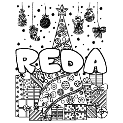 Coloring page first name REDA - Christmas tree and presents background