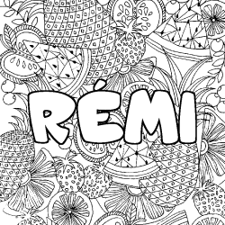 Coloring page first name RÉMI - Fruits mandala background