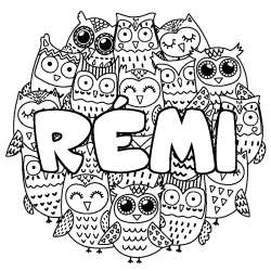 Coloring page first name RÉMI - Owls background