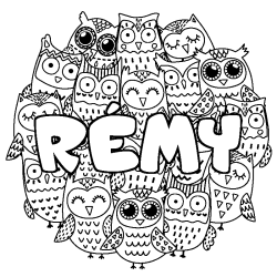 Coloring page first name RÉMY - Owls background