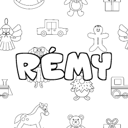 Coloring page first name RÉMY - Toys background