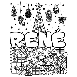 Coloring page first name RENÉ - Christmas tree and presents background