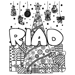 Coloring page first name RIAD - Christmas tree and presents background