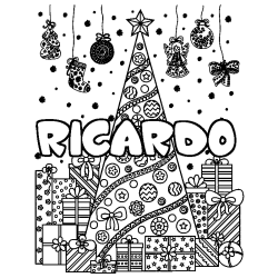 Coloring page first name RICARDO - Christmas tree and presents background