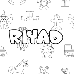 Coloring page first name RIYAD - Toys background