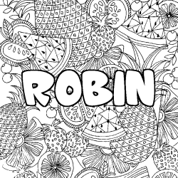 Coloring page first name ROBIN - Fruits mandala background