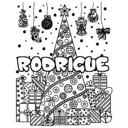 Coloring page first name RODRIGUE - Christmas tree and presents background