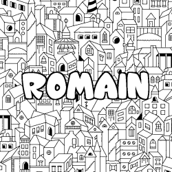 Coloring page first name ROMAIN - City background