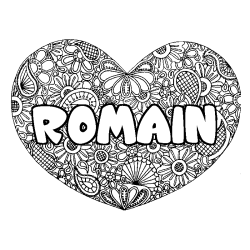 Coloring page first name ROMAIN - Heart mandala background