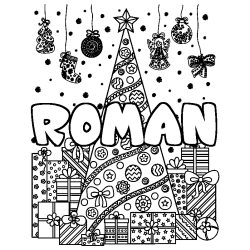 Coloring page first name ROMAN - Christmas tree and presents background