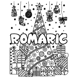 Coloring page first name ROMARIC - Christmas tree and presents background