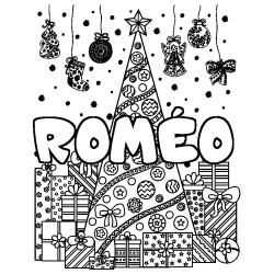 Coloring page first name ROMÉO - Christmas tree and presents background