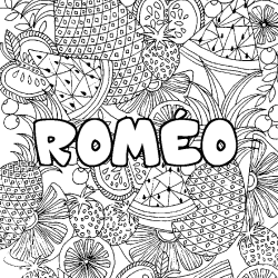 Coloring page first name ROMÉO - Fruits mandala background