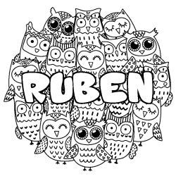 Coloring page first name RUBEN - Owls background