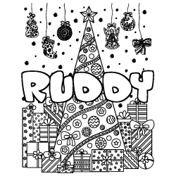 Coloring page first name RUDDY - Christmas tree and presents background