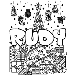 Coloring page first name RUDY - Christmas tree and presents background