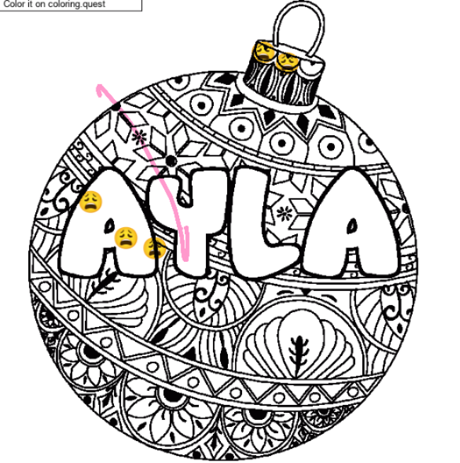 Coloring page first name AYLA - Christmas tree bulb background by a guest